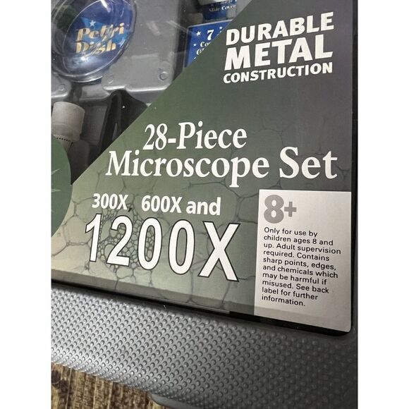 Kids 28 Piece Microscope Set 300X 600X 1200X - Metal w/Slides, Light Unused - Picture 3 of 12